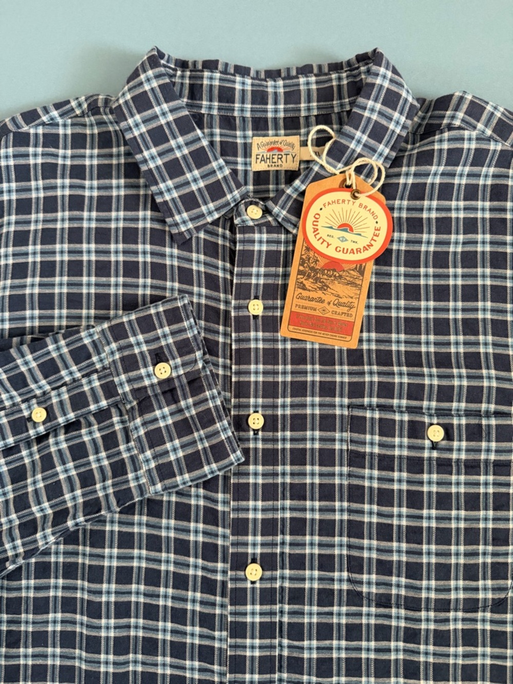 NWT Faherty Tropical Cotton Shirt Navy Vista Plaid Blue Cotton Button Down